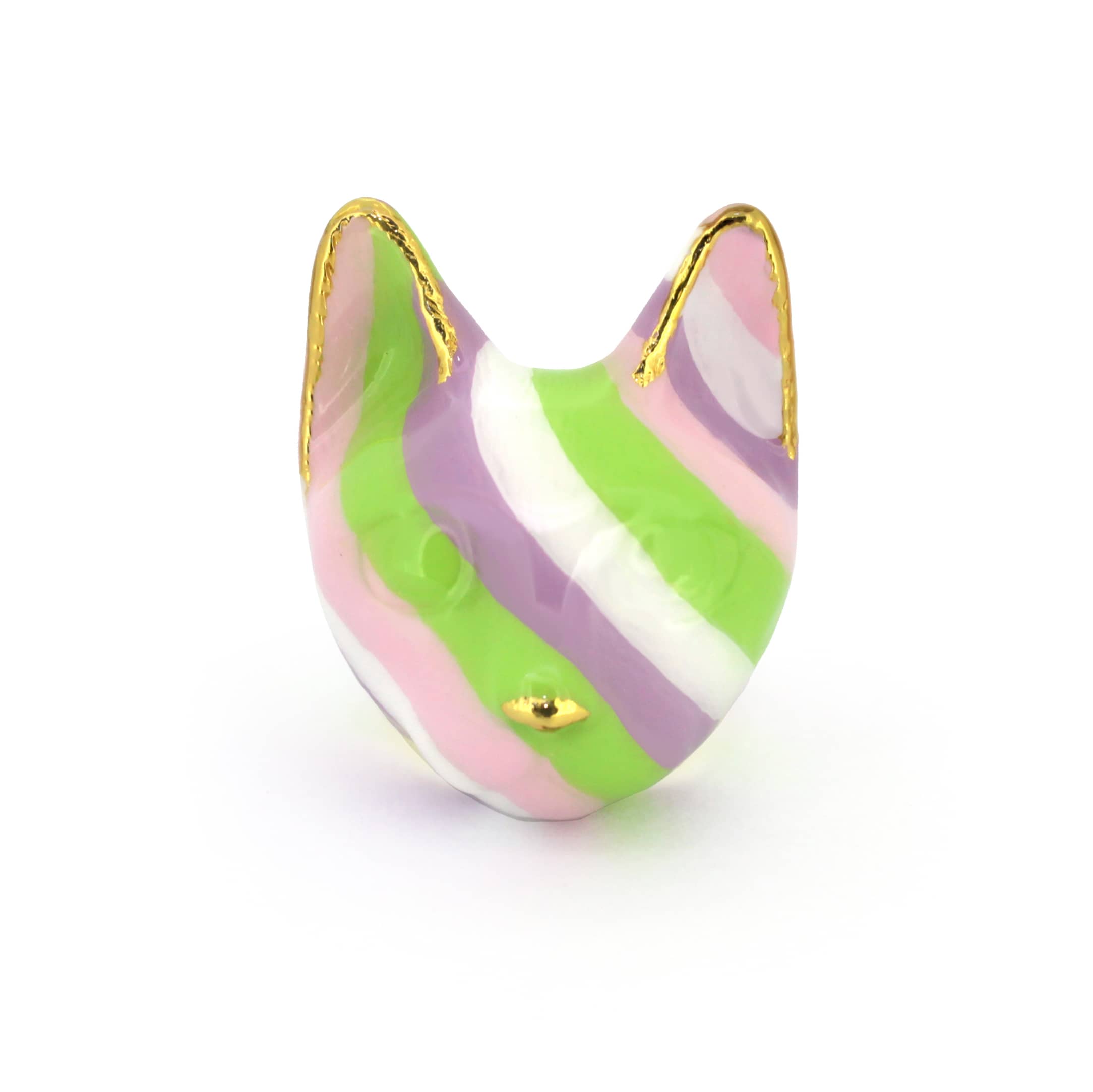 A playful cat ring designed in lilac tones, showcasing stripes of green, pink and purple.