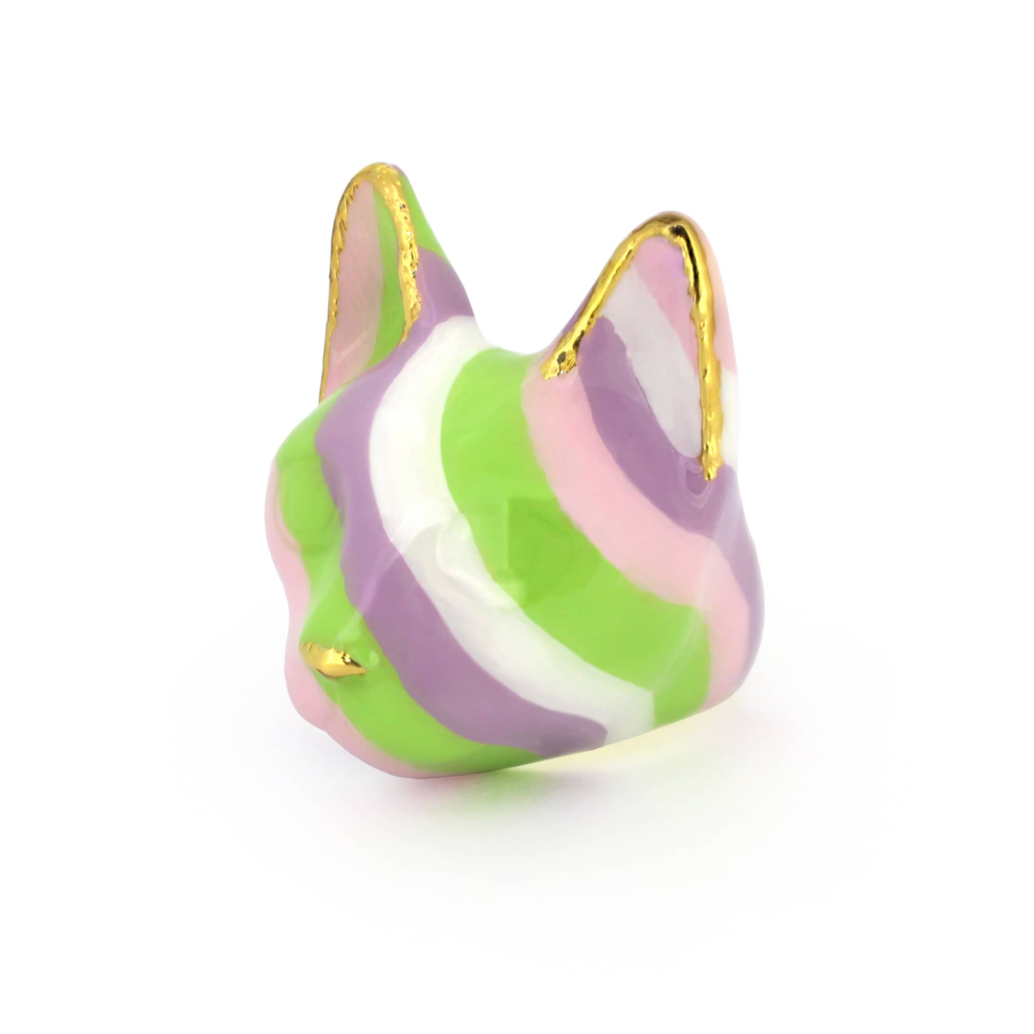 A whimsical cat ring featuring stripes of green, pink and purple, perfect for summer fashion.