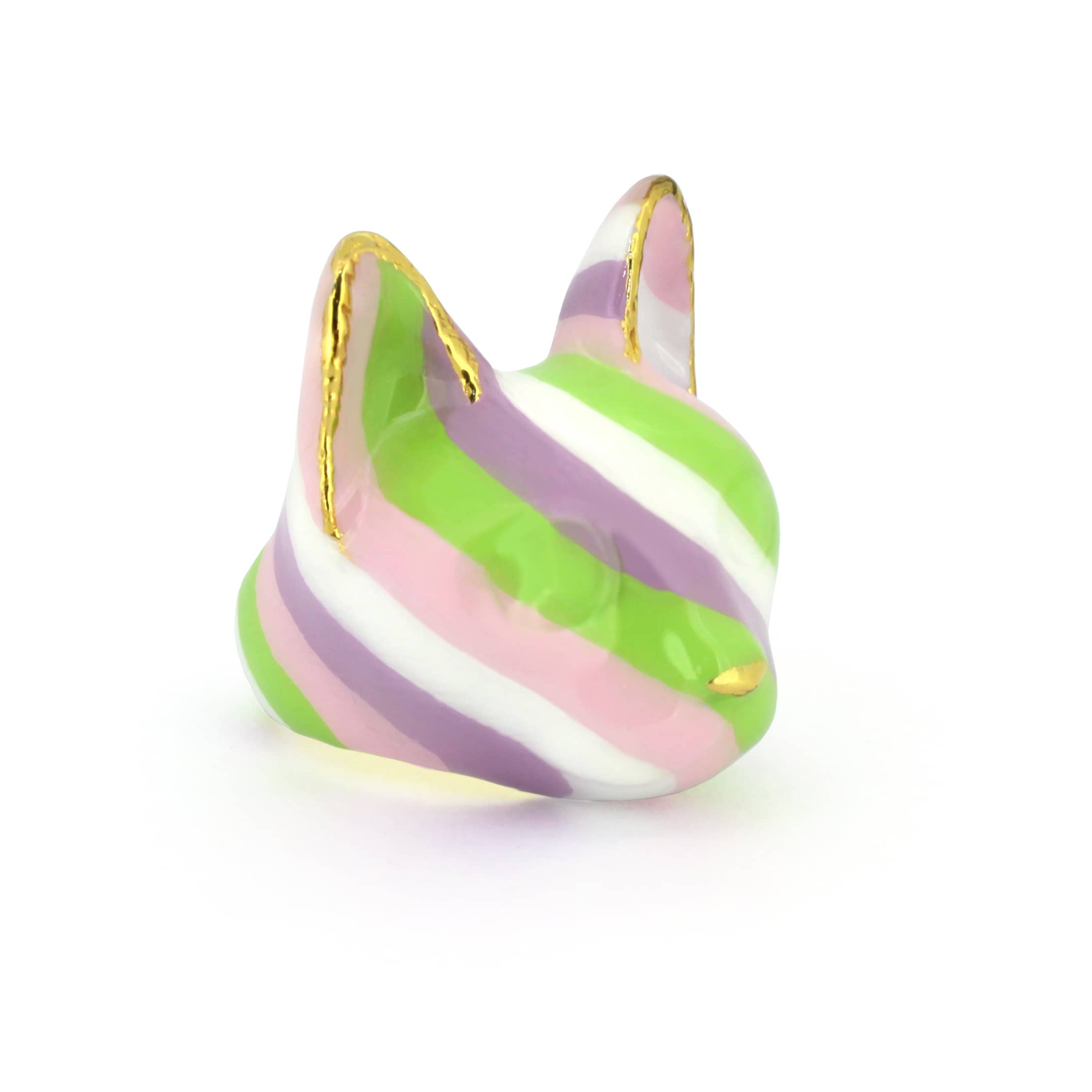 Unique cat ring designed in lilac tones, showcasing stripes of green, purple and pink.