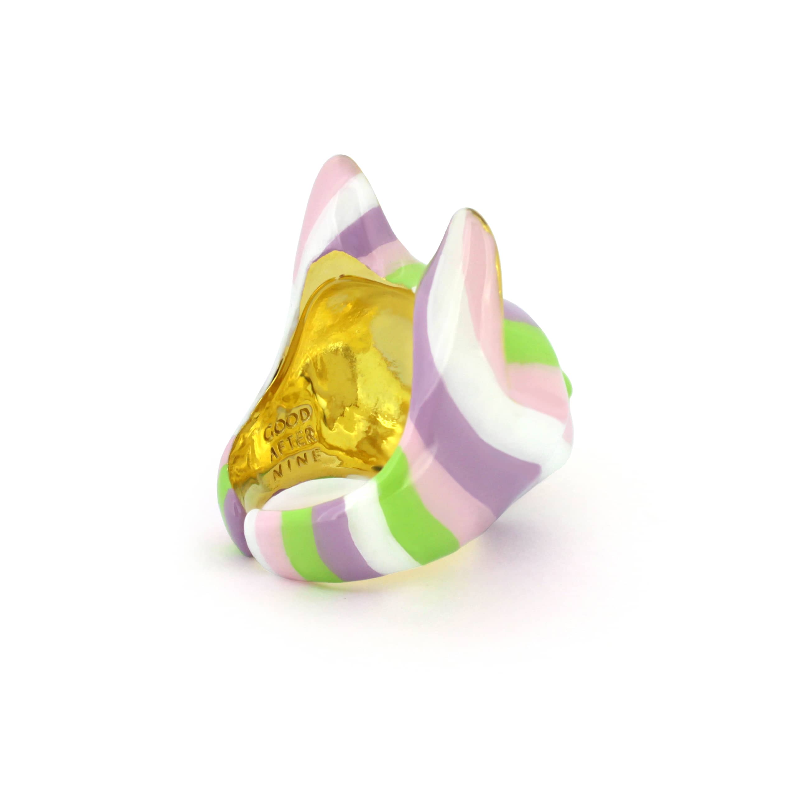 A pastel cat ring featuring stripes of green, pink and purple, perfect for unique jewelry overs.