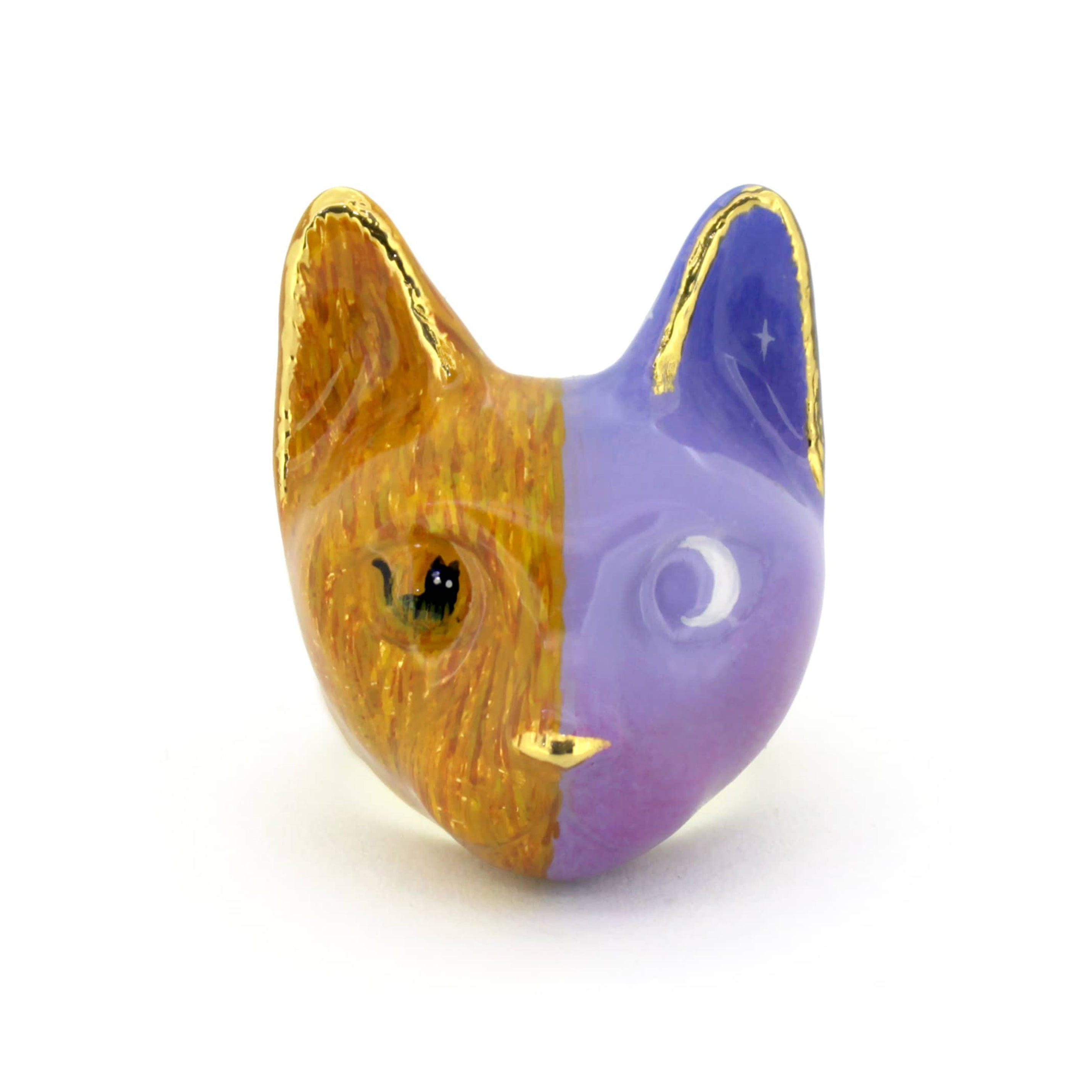 Hand-painted cat ring in orange and purple colors featuring a black cat in a field under a night sky with a moon.