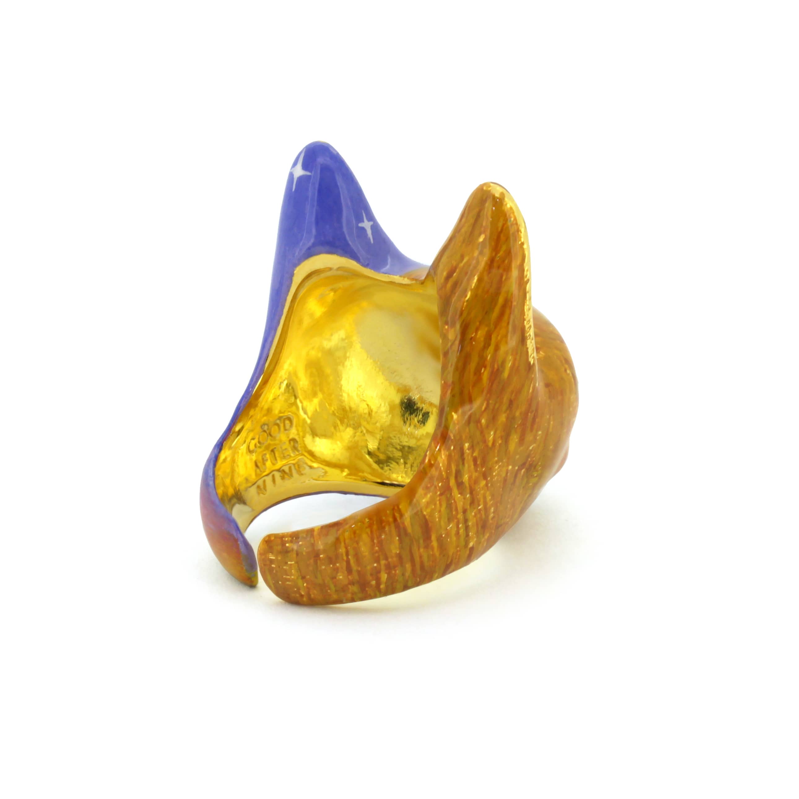 Handcrafted cat ring in orange and purple colors featuring a black cat in a field under a night sky with a moon.