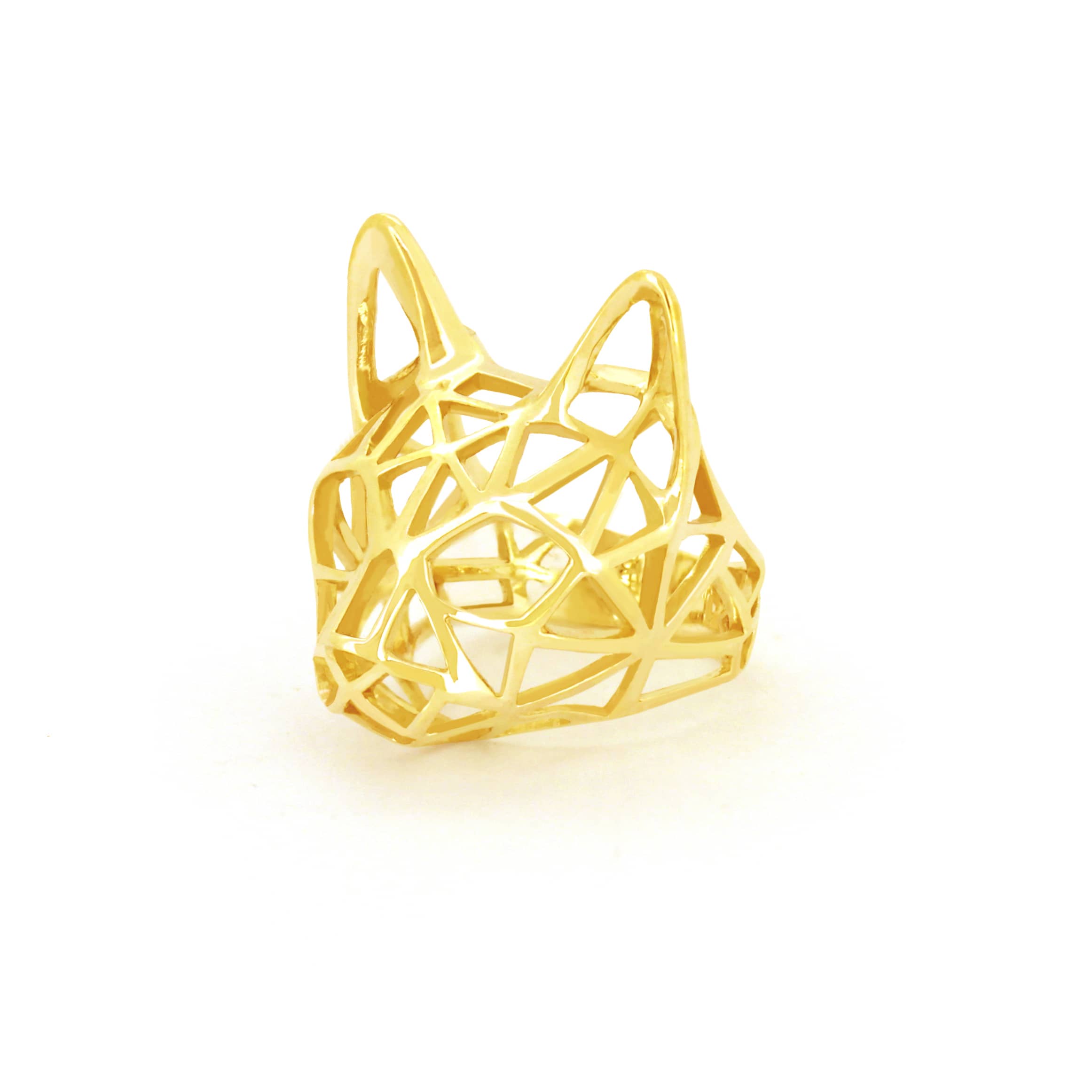 A stylish golden ring designed in the shape of a cat's head.