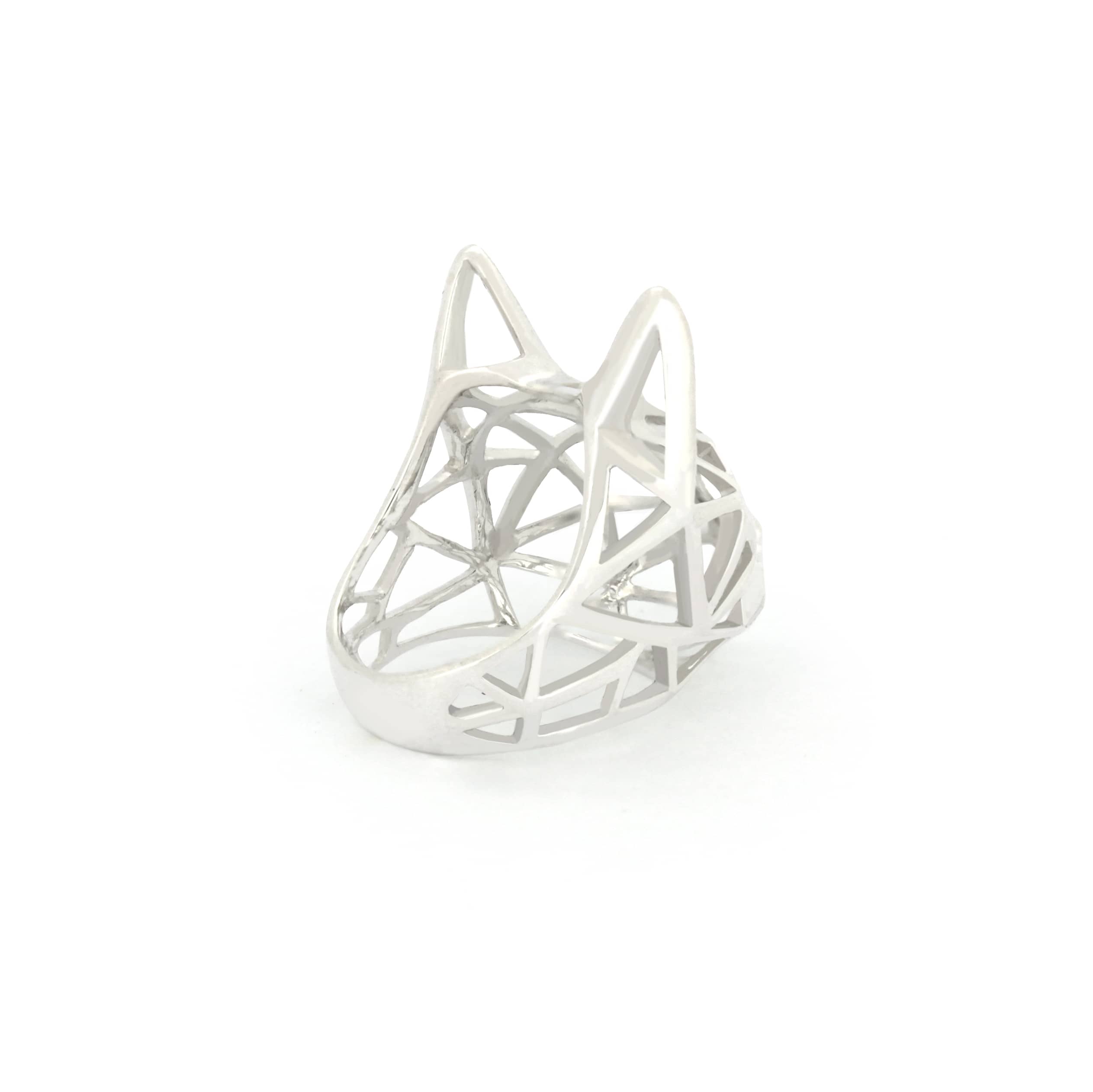 Unique geometric cat design ring in silver, perfect for cat lovers.