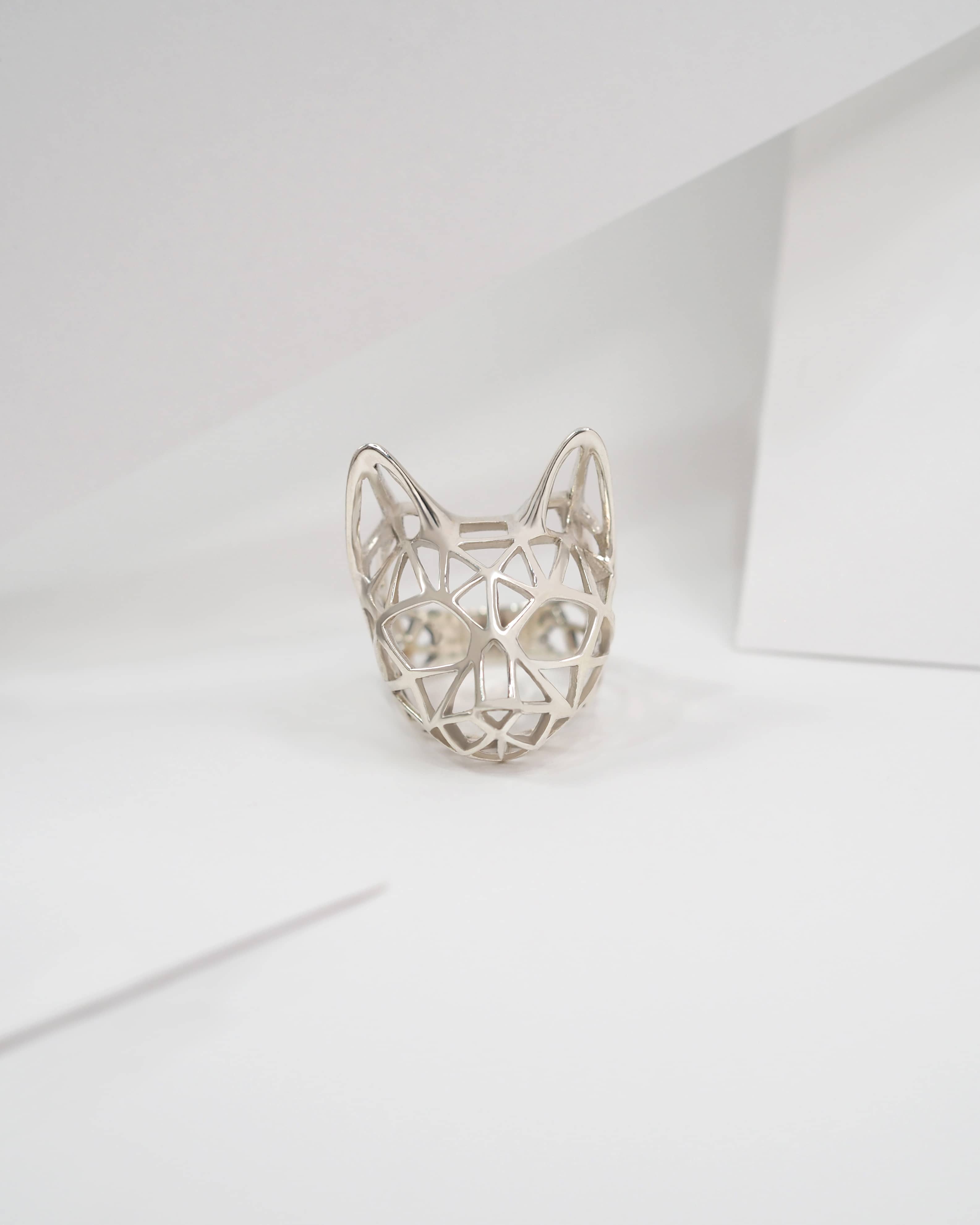Unique silver cat ring placed on a hand a white background.
