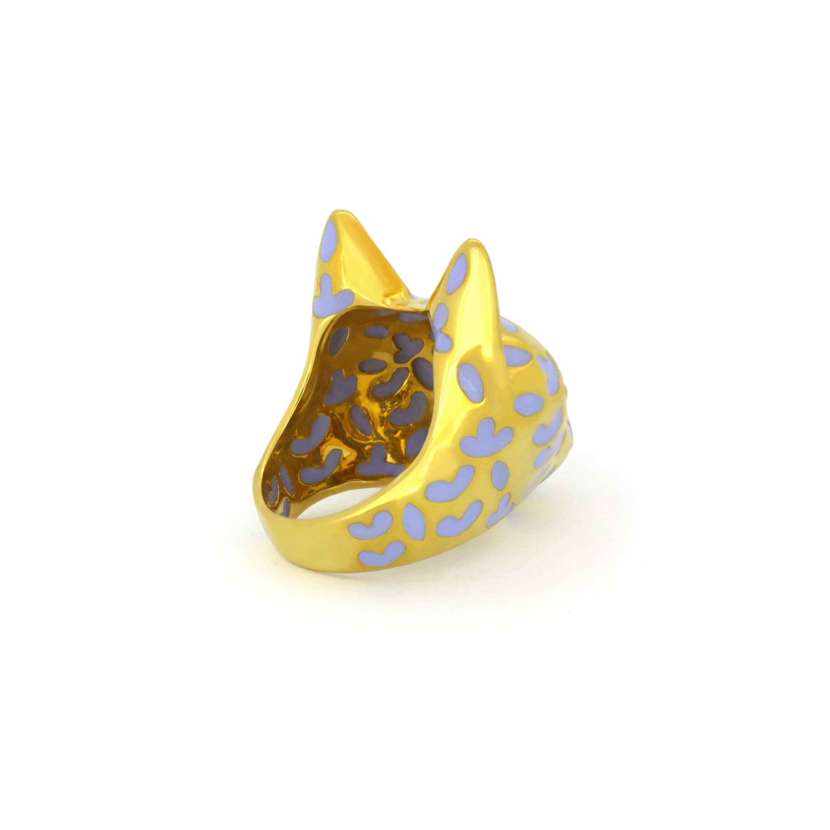 Unique gold cat ring with lavender-inspired design, perfect for cat lovers.