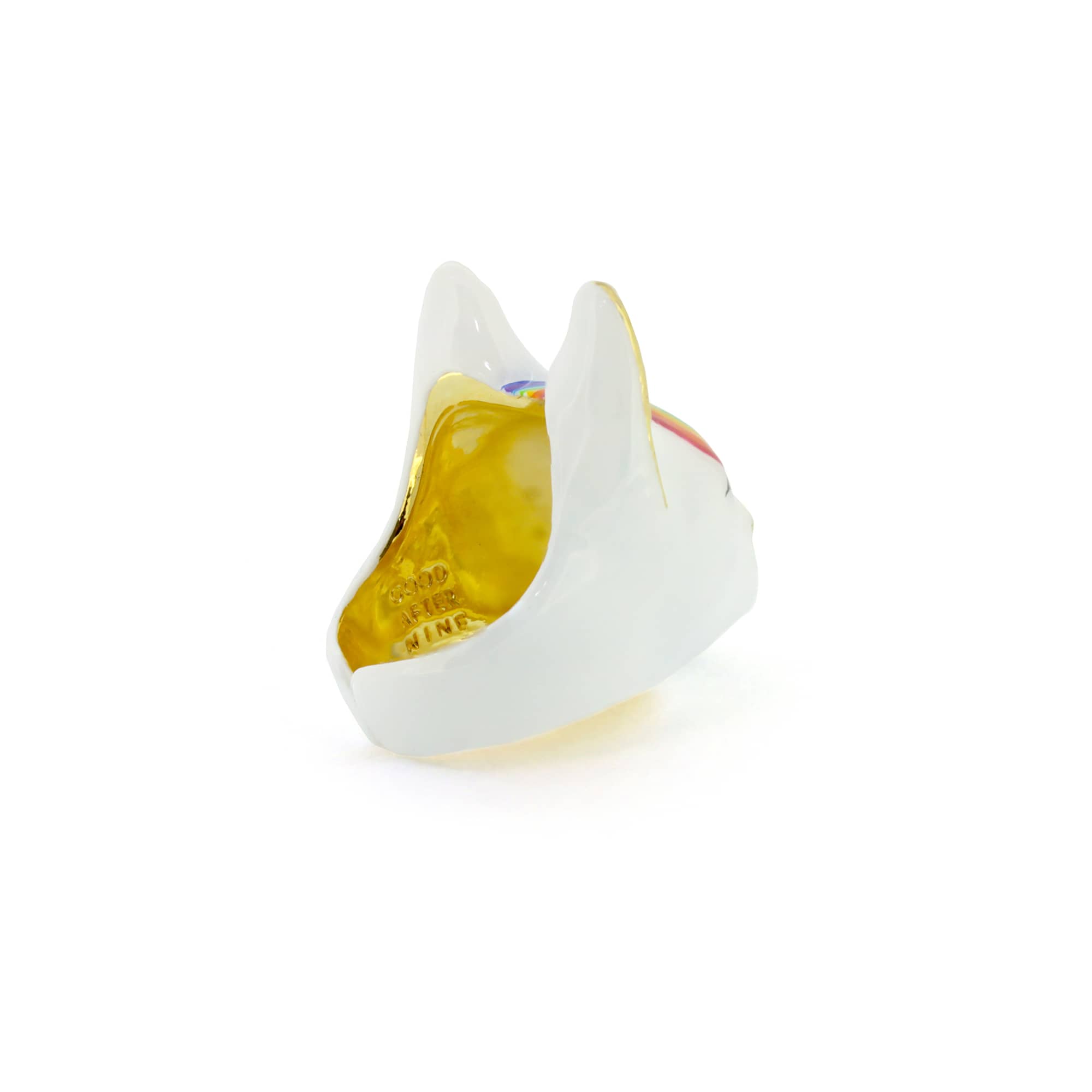 Unique white cat ring with a vibrant rainbow pattern across the face, perfect for cat lovers.