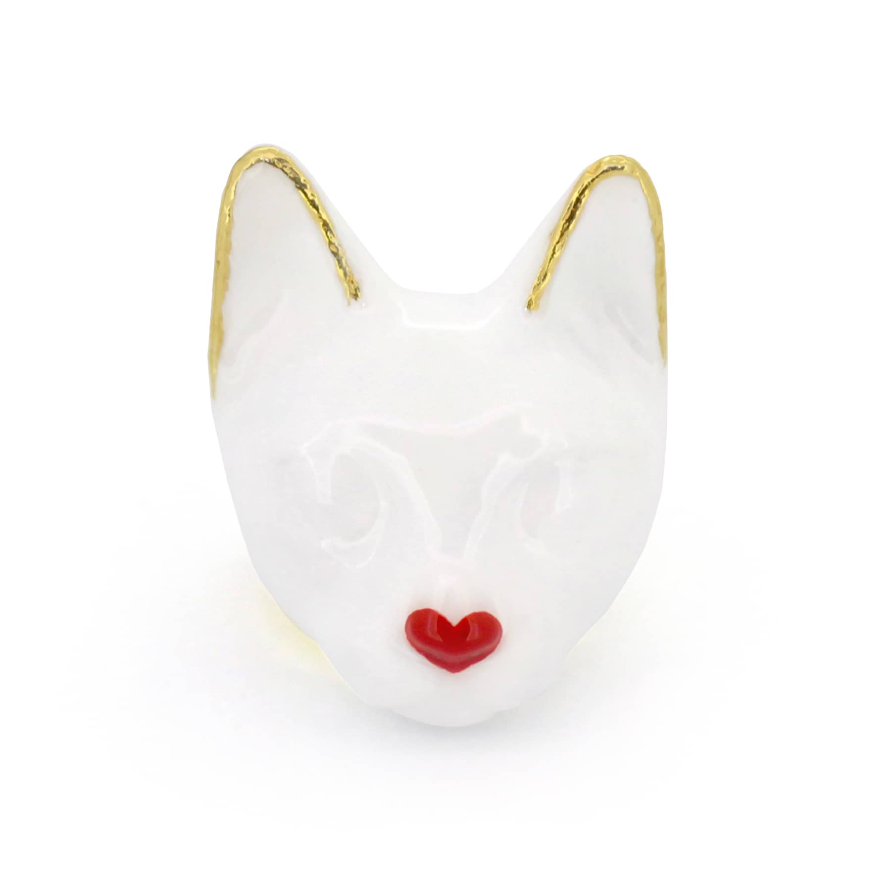 A white cat ring with a small red heart-shaped nose, perfect for Valentine's theme.