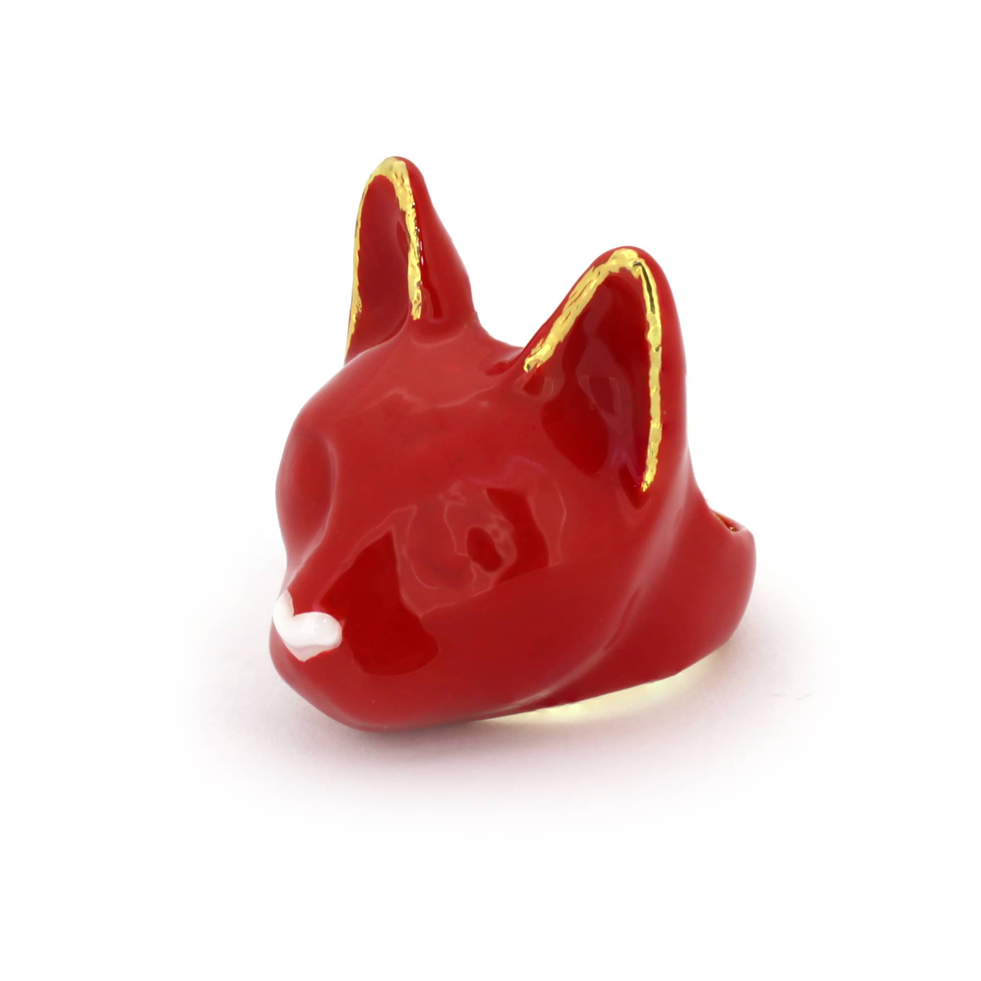 A red cat ring with a small white heart-shaped nose, perfect for Valentine's theme.