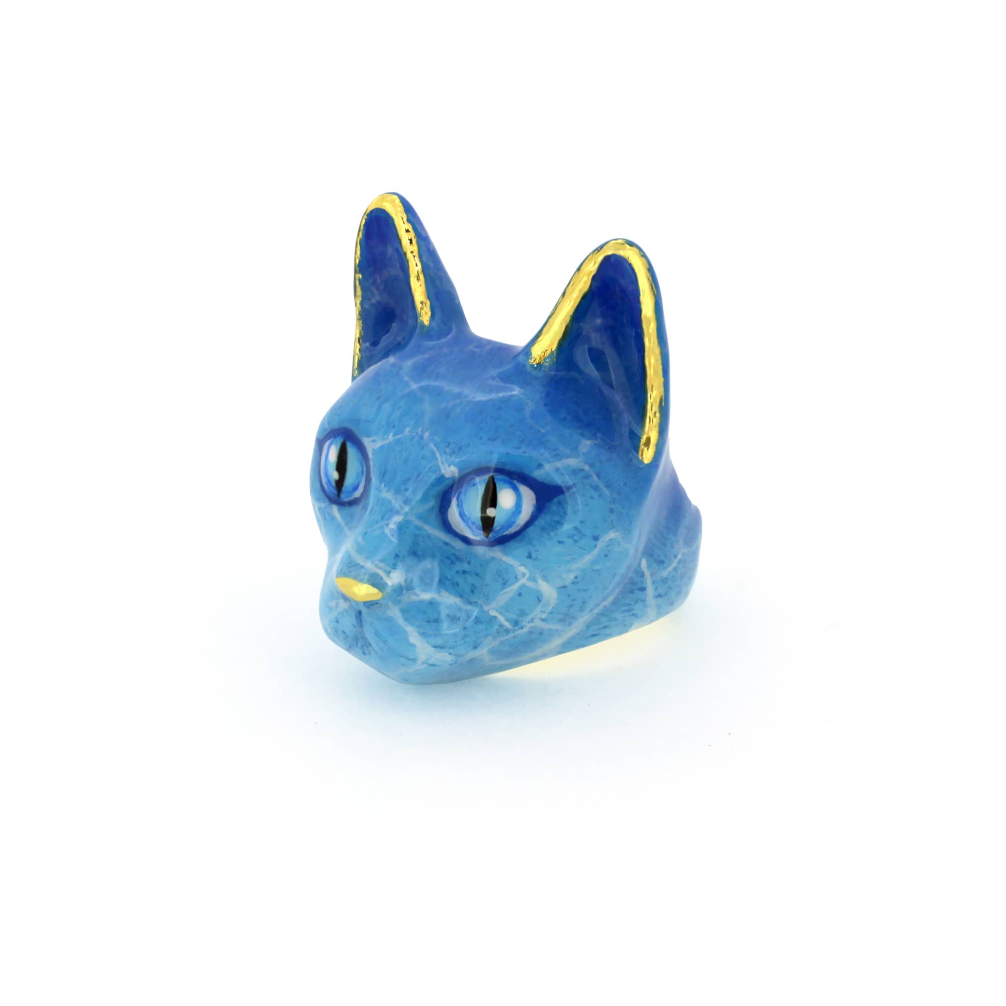 whimsical blue cat-shaped ring with gold accents, featuring a water-like texture.