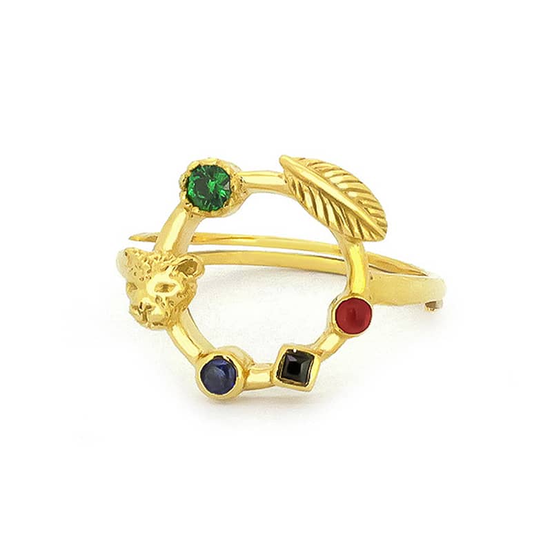 A unique golden ring featuring a leopard head and colorful stones.