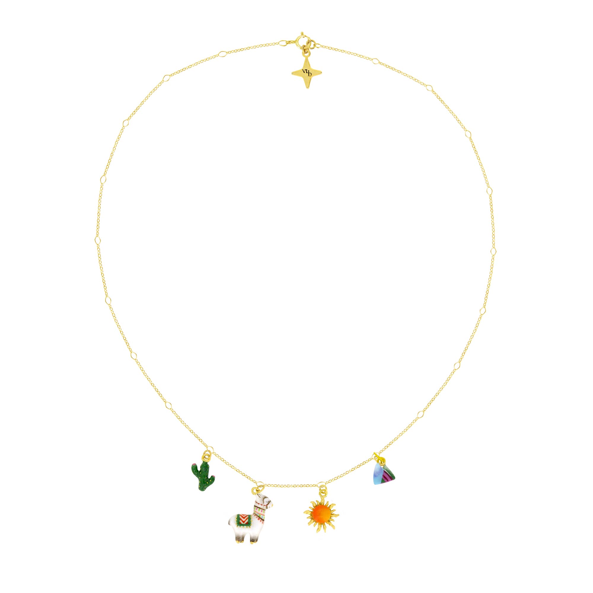 A unique necklace with alpaca, cactus, sun, and mountain charms, perfect for summer fashion.