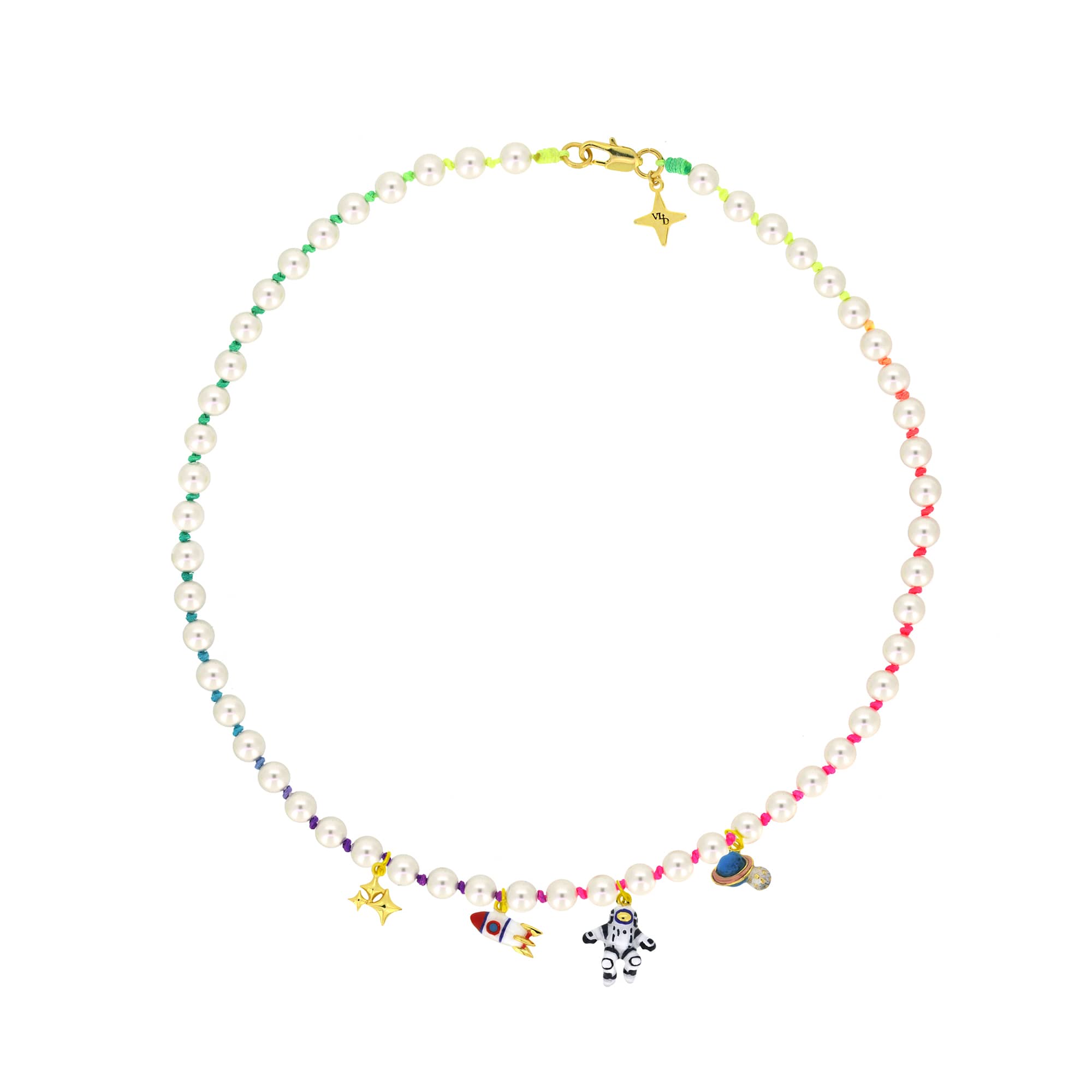 Whimsical pearl choker featuring a stars, rocket, astronaut, and Saturn charms, with rainbow nylon rope.