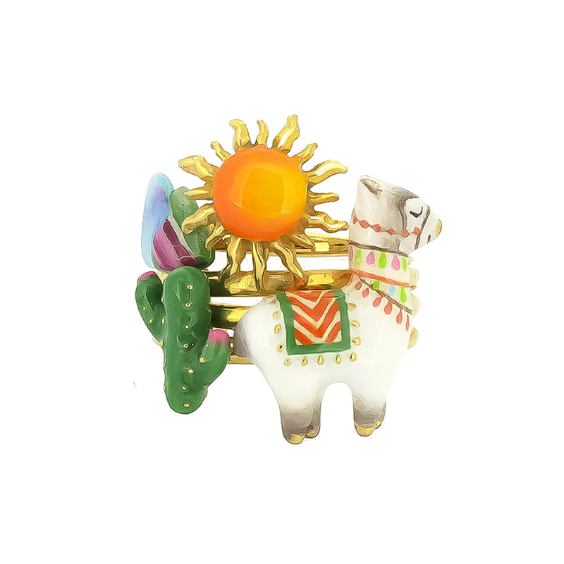 Stacking ring featuring a playful design with an alpaca, a cactus, the sun, and a mountain.