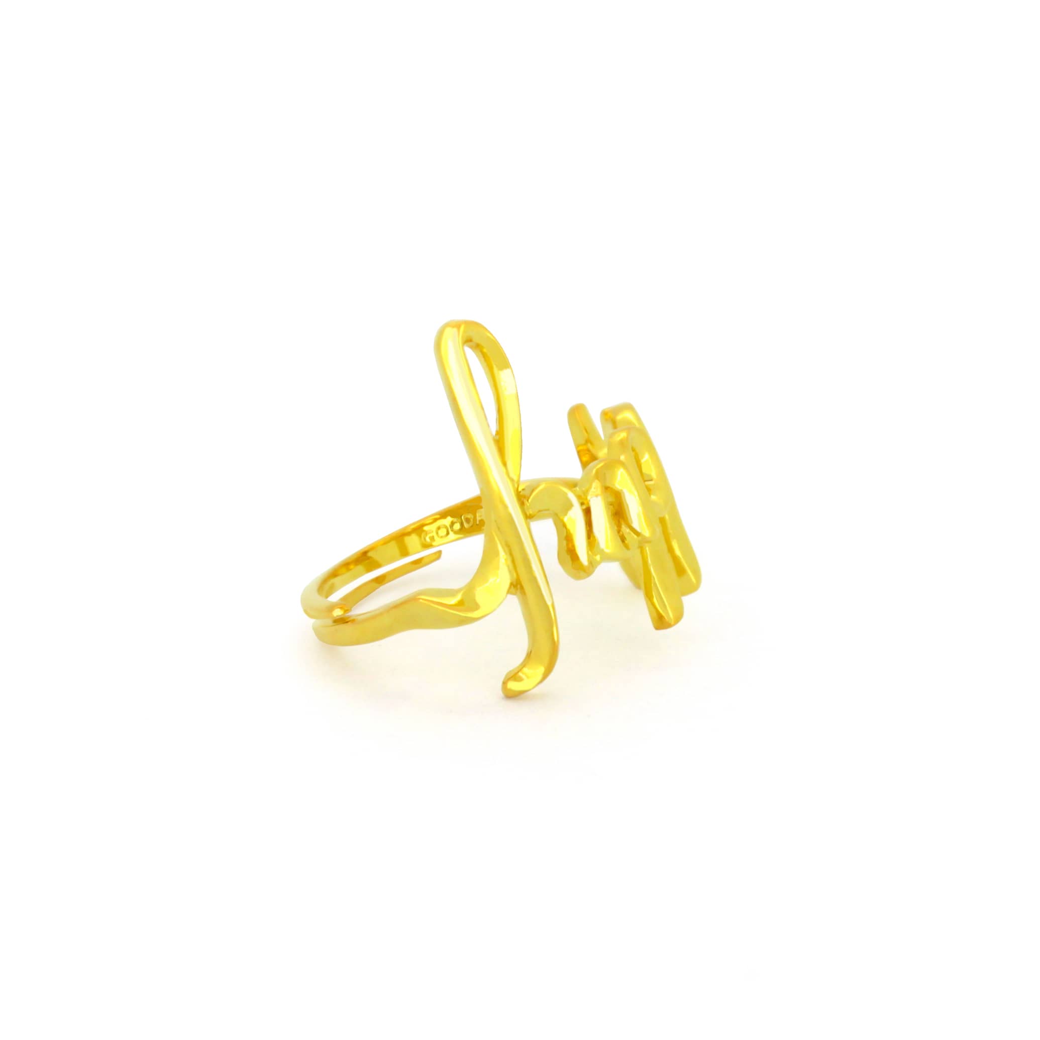 Sterling silver ring with 18k gold plating featuring the word 'Happy' in a handwritten style.
