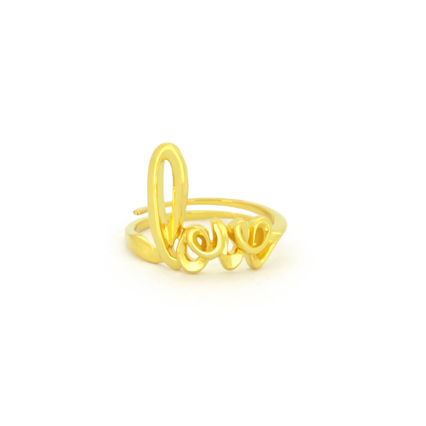 Sterling silver ring with 18k gold plating featuring the word 'Love' in a handwritten style.