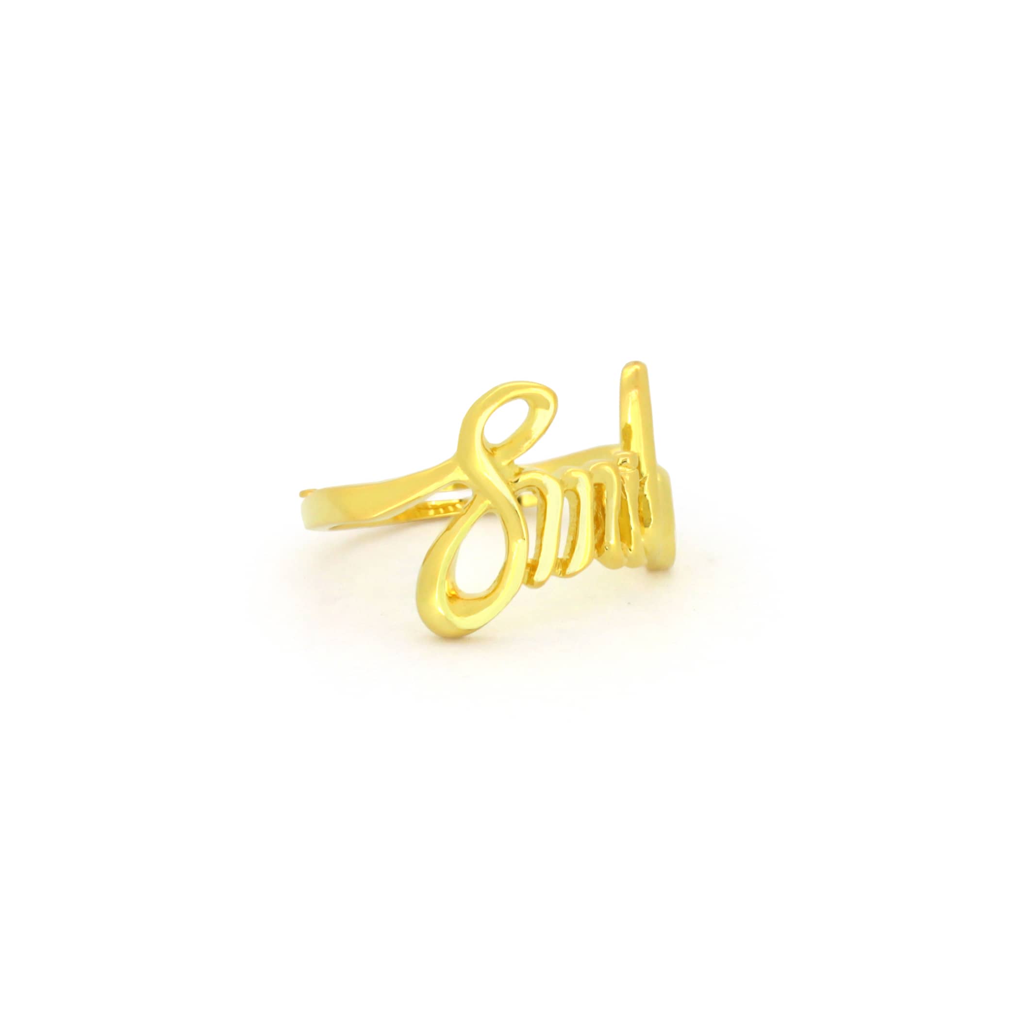 Beautiful sterling silver ring with 18k gold plating featuring the word 'Smile' in a handwritten style.