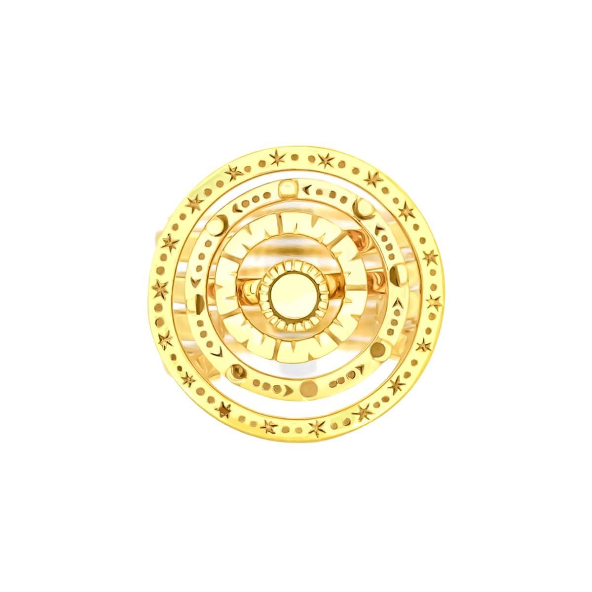 Gold star-inspired ring set featuring circular designs and intricate patterns.