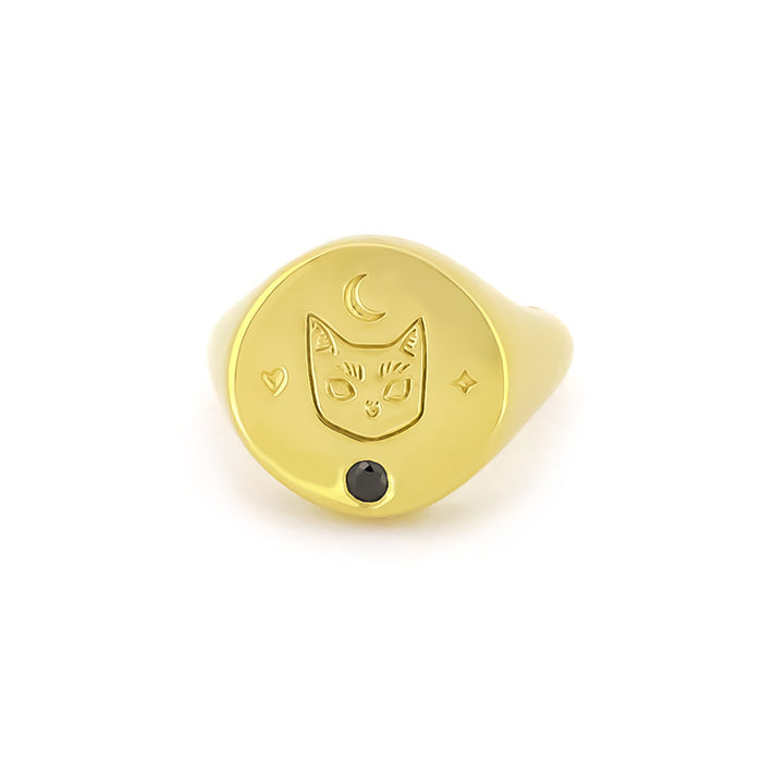 Murmur Cat Face Round Signet Ring 925 Sterling Silver