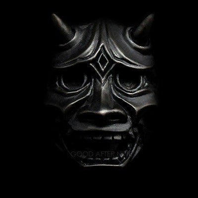 Unique black demon mask ring with intricate details