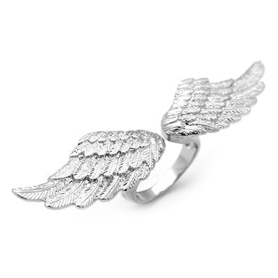 Beautiful silver ring featuring intricate wing details.