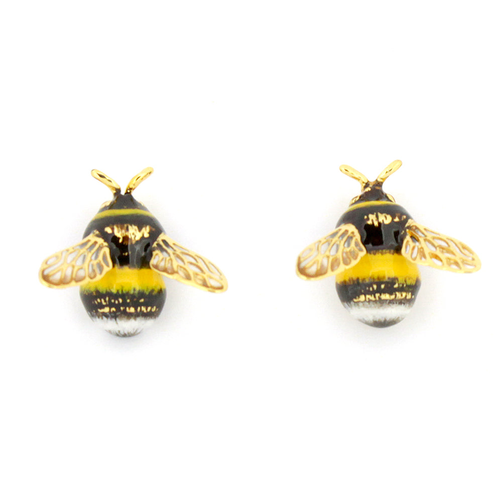 Cute bee earrings in gold, black, and yellow.