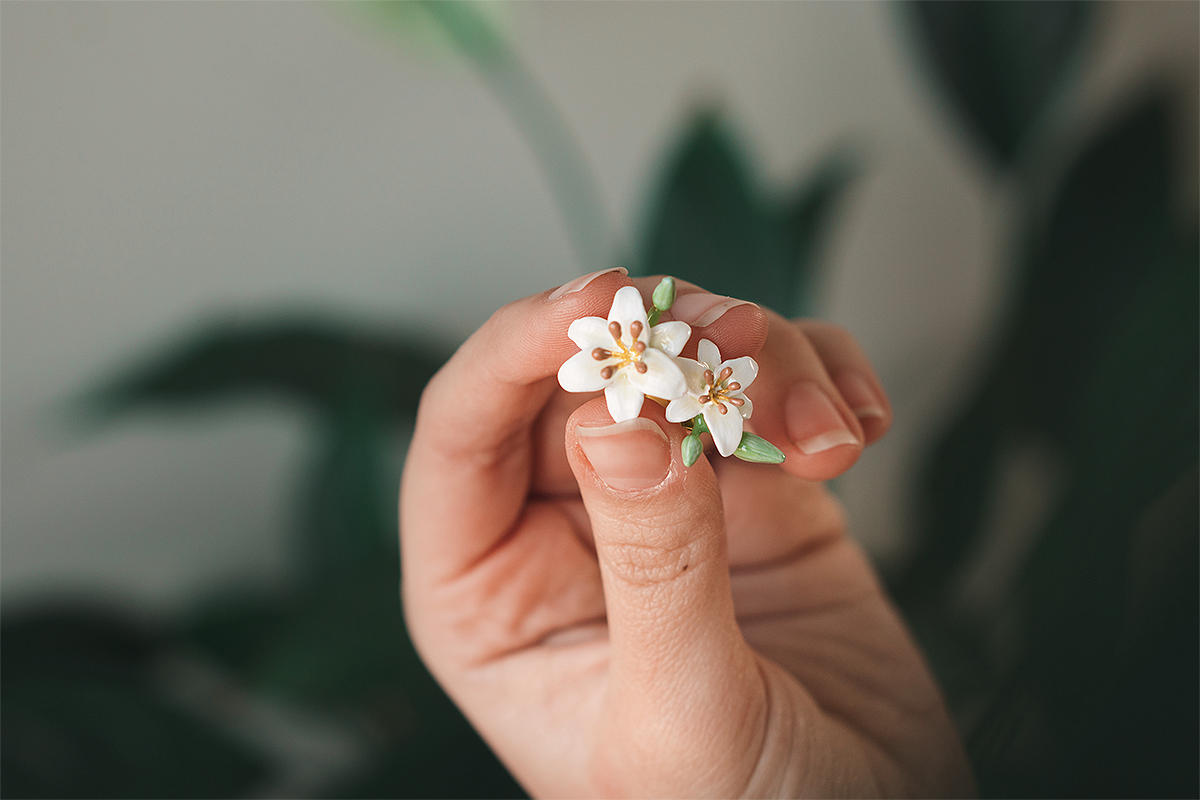 A close-up of a hand holding a delicate white floral earrings, perfect for flower lovers.