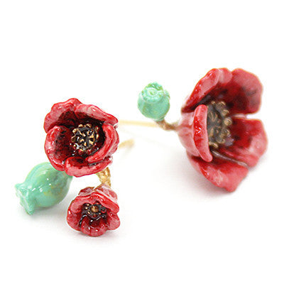 Beautifully crafted red floral earrings with green accents and brown centers, perfect for flower lovers.