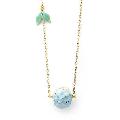 Handcrafted floral necklace with delicate blue hydrangea and leaf design