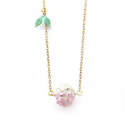 Handcrafted floral necklace with delicate pink hydrangea and leaf design, perfect for summer fashion.