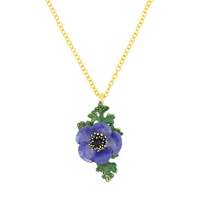 Nature-inspired necklace featuring a purple flower and green leaves.
