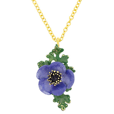 Nature-inspired necklace featuring a purple flower and green leaves.