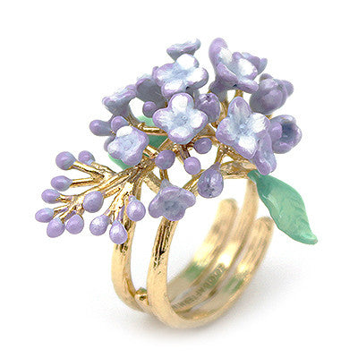 Nature-inspired ring featuring vibrant purple flowers and green leaves, perfect for flower lovers.
