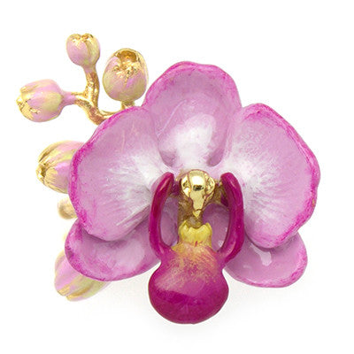 Vibrant floral gold ring featuring a purple phalaen design with intricate details, perfect for flower lovers.