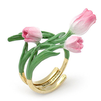 Handcrafted pink tulip ring with gold band and green leaves, perfect for flower lovers.