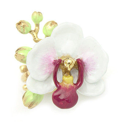 A floral gold ring featuring a white phalaen design with intricate details, perfect for flower lovers.