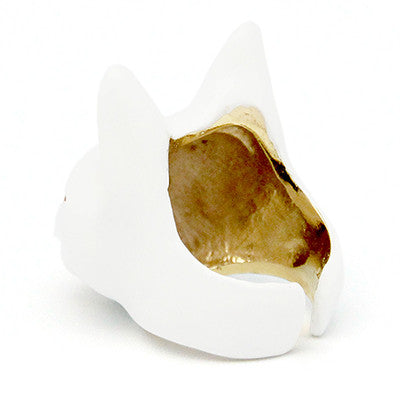 Handmade white cat head ring with large black eyes, pink ears, and a small nose, perfect for cat lovers.