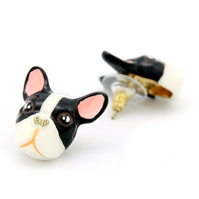 Cute French Bulldog earrings featuring a black and white design, perfect for dog lovers.