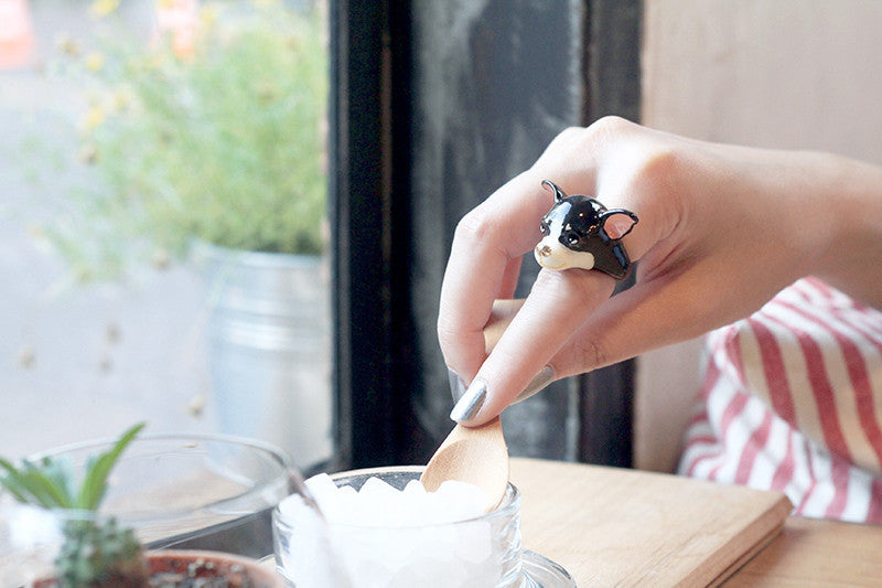 A hand wearing a cute dog ring, holding a wooden spoon above a glass jar.