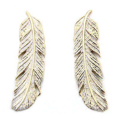 Elegant golden earrings designed in the shape of feathers.