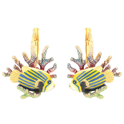 Artisan earrings featuring a fish surrounded by coral details.