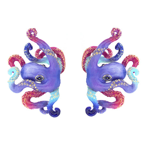 Unique octopus earrings featuring blue, purple, and red tones.