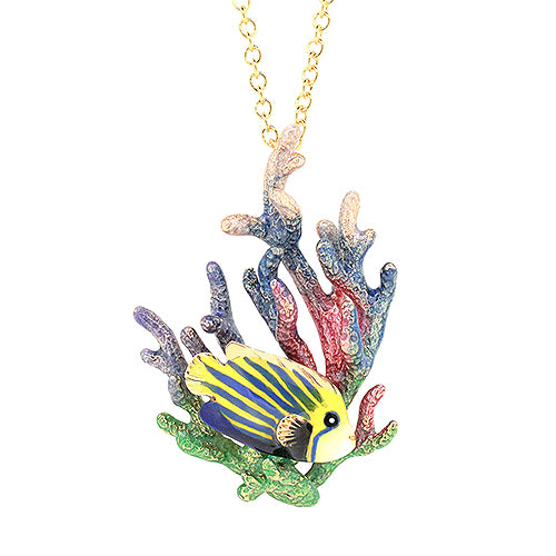 Ocean-inspired necklace featuring a fish with design on colorful coral.