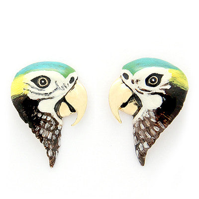 Hand-painted macaw earrings with a colorful and whimsical design.