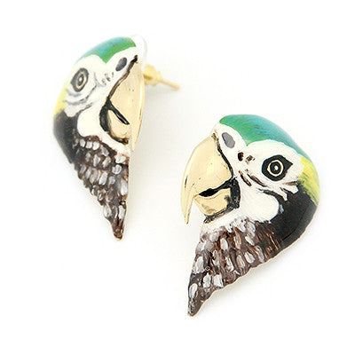 Hand-painted macaw earrings with a colorful and whimsical design.