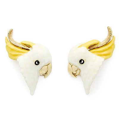 Cockatoo earrings with yellow and white detailing, perfect for bid lovers.