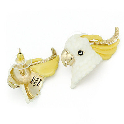 Adorable cockatoo earrings with yellow and white detailing.