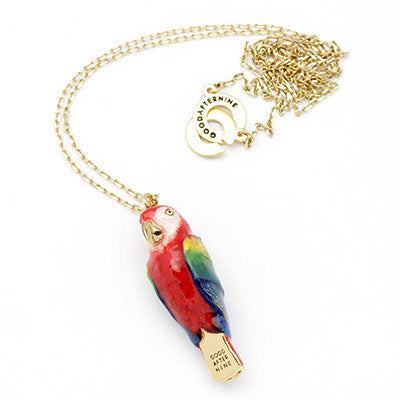 Beautifully crafted hand-painted red macaw whistle necklace, perfect for animal lovers.