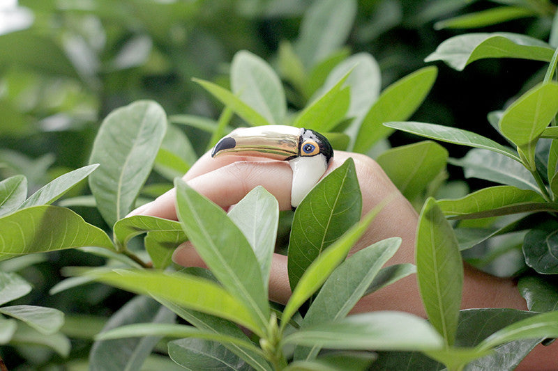 Hand wearing a toucan-shaped ring surrounded by greenery.