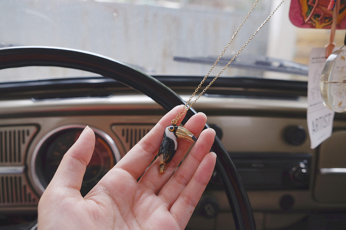 A hand holding a toucan pendant necklace, with a vintage car dashboard in the background.